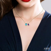 6X4 MM Emerald Cut Blue Topaz and Pear Cut Amethyst and 1/5 Ctw Toi Et Moi Round Cut Diamond Halo Fashion Pendant With Chain in 14K Yellow Gold
